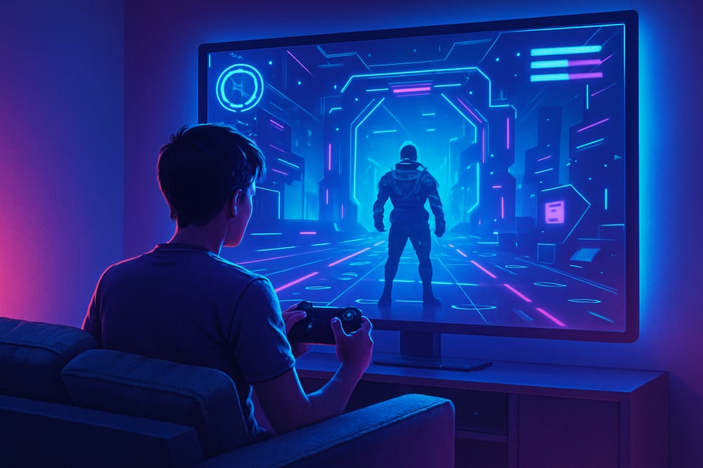 Create an image that depicts a person on a couch playing a video game on a large futuristic digital display
