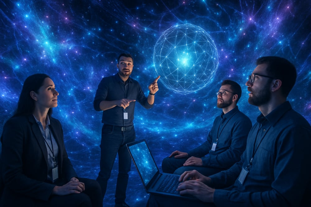 Create an image that shows a group of IT professionals experiencing an immersive product demo The immersive experience should be the environment their in and not a VR headset-3