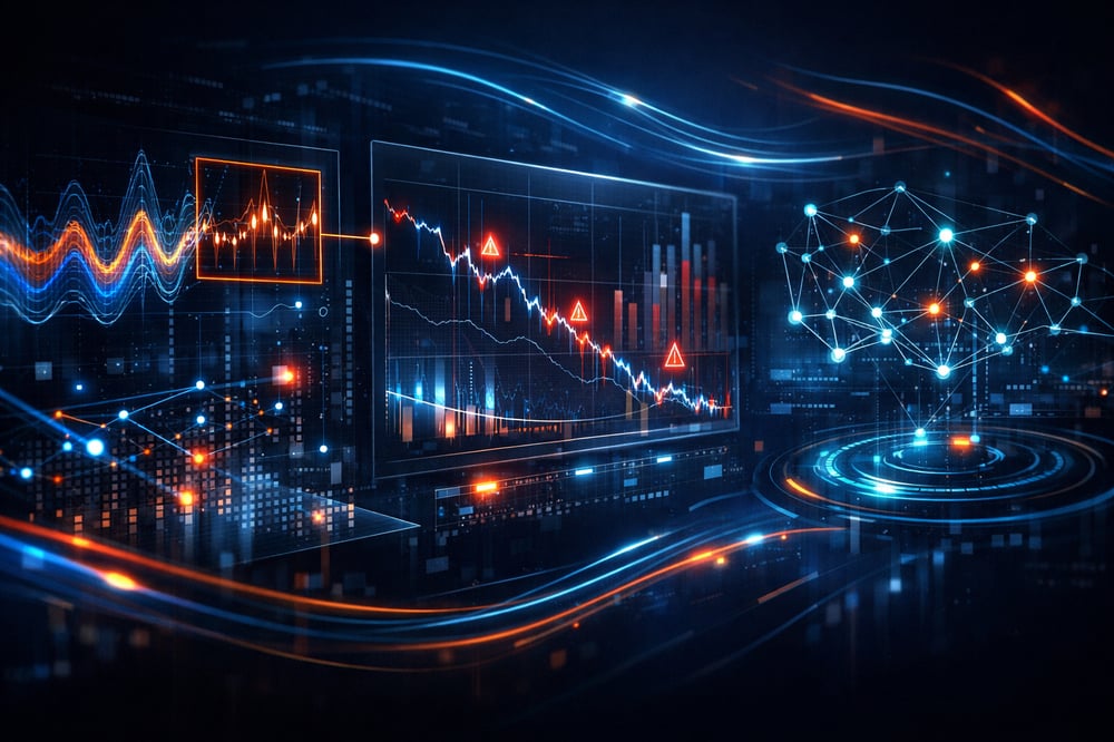Create an image that shows a system detecting anomaly patterns performance degradation signals and emerging risk precursors Use deep navy midnight blu