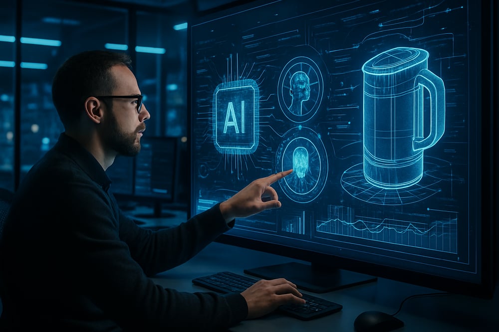 Create an image that shows an IT professional in a futuristic office using AI to develop a product on a large digital screen Please dont use text in the image