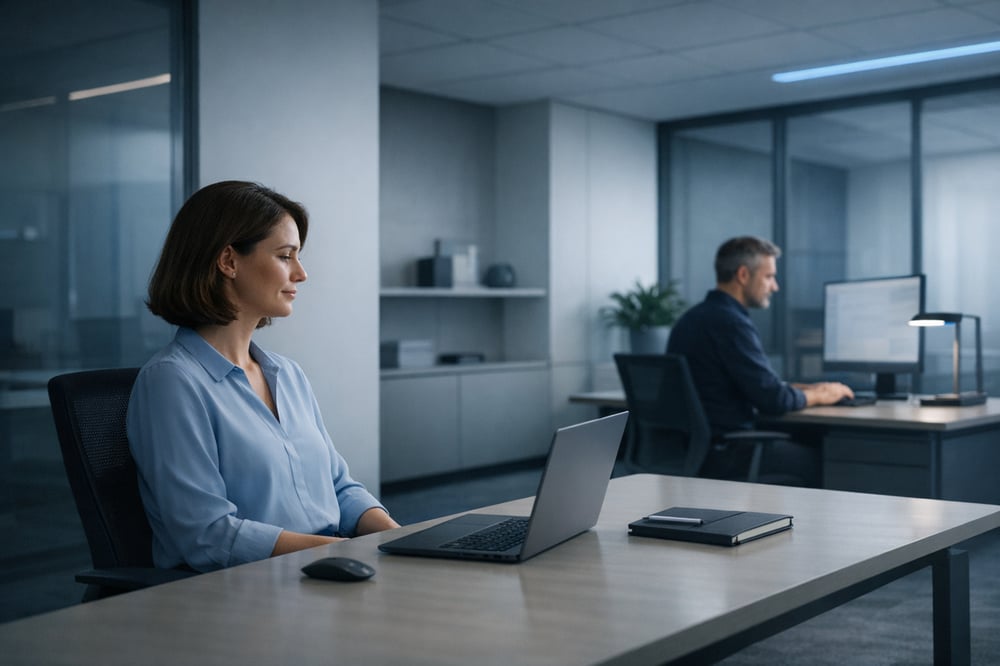 Efficient Workspace with Minimalist Clutter and Cool Tones-1