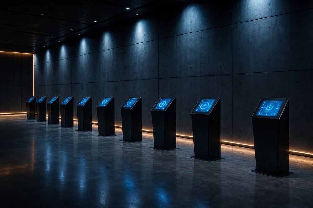 Futuristic Pedestals in Dark Room with Cyan Interface Light