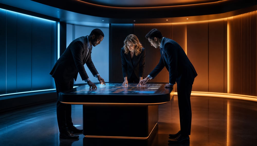 Futuristic Professionals Collaborating in Dark Room