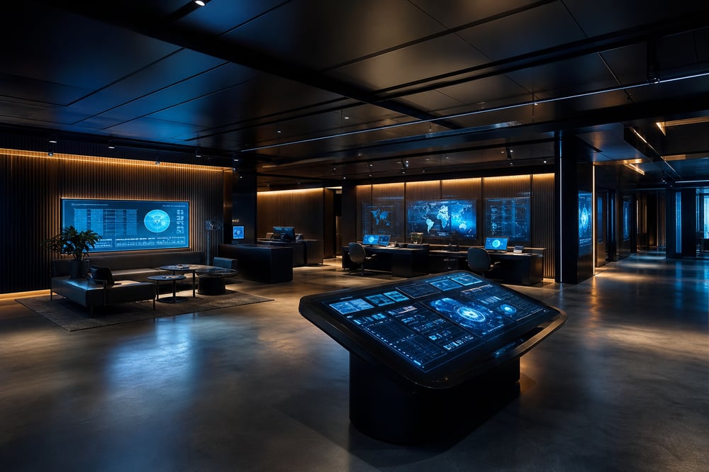 Futuristic Room with Glowing Displays and Reflective Floor