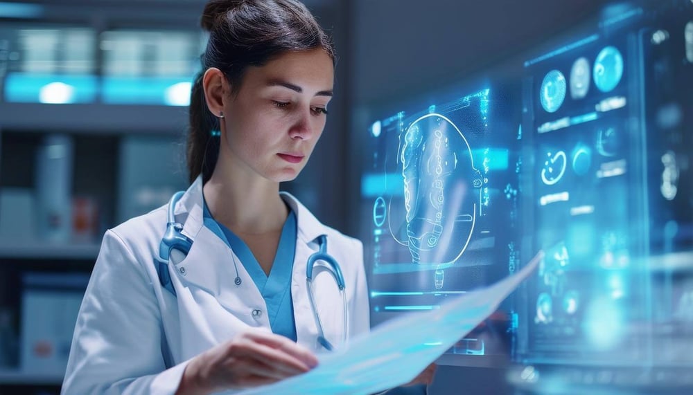 Healthcare worker using AI to analyze documents, Modern, futuristic, technological