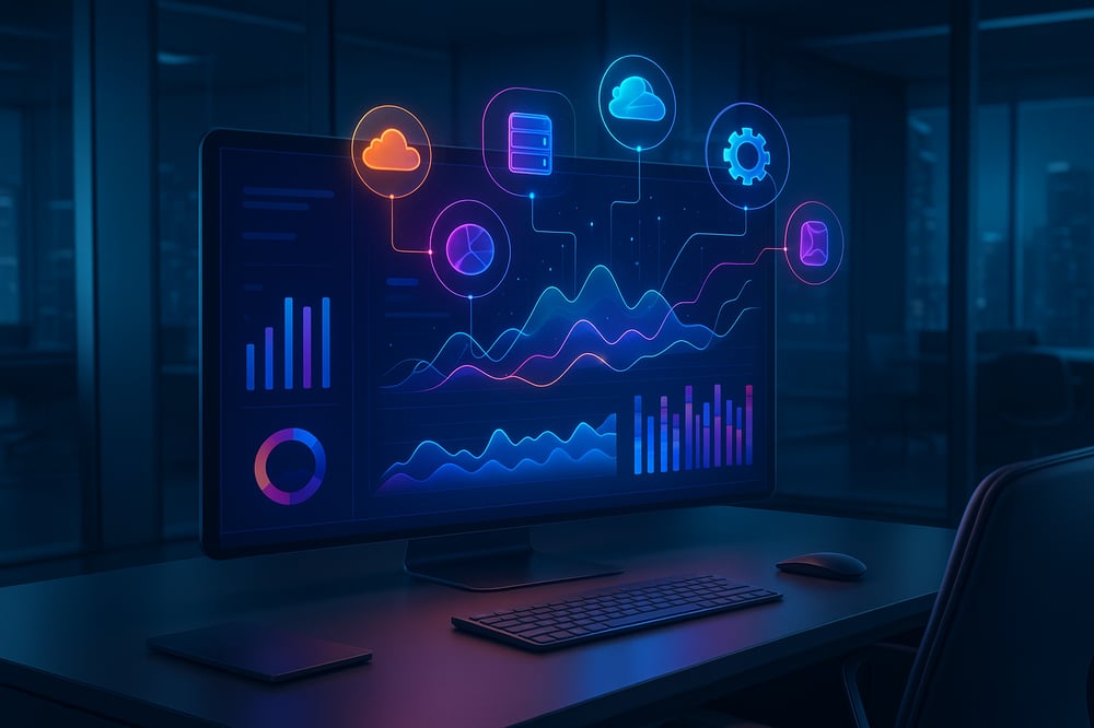 Imagine a sleek futuristic office At the center of the desk sits a large ultrahighdefinition digital screen its edges seamlessly blending into the surroundings On the vibrant display a sophisticated interface showcases a data platform with dynamic gr-2