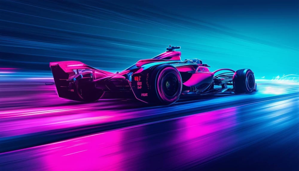 Minimalist futuristic design featuring a sleek NASCAR or Formula 1 car with glowing neon accents, positioned on a hightech digital racetrack-1