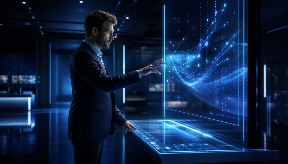 Professional Interacting with Holographic Display at Glowing Console