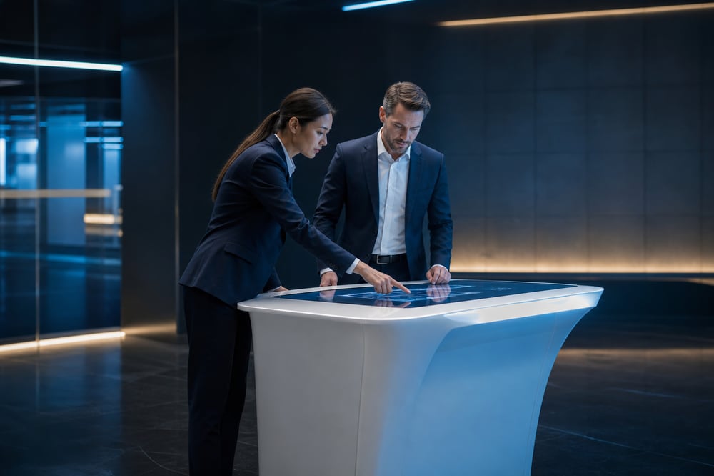 Professionals Reviewing Interface at Futuristic Console