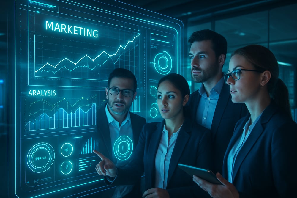 Show a group of marketing professionals analyzing a program on a futuristic digital display
