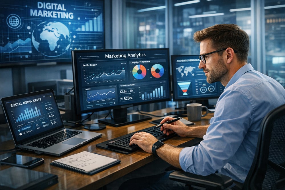 create an image that shows a marketing professional working in a high tech office-1