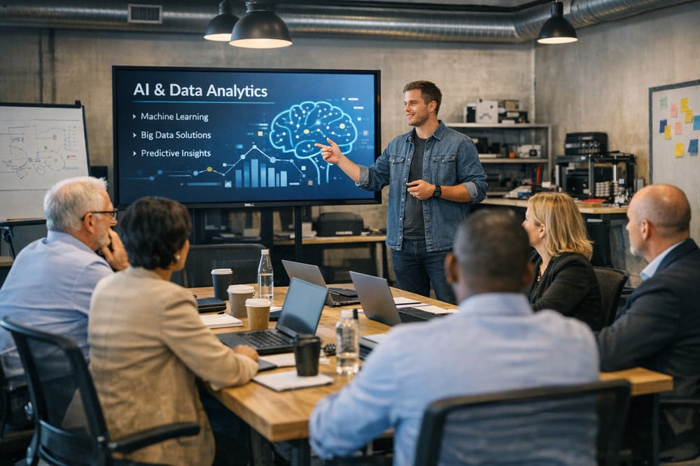 scene from a tech workshop where leaders are sitting around listening to a presentation-2