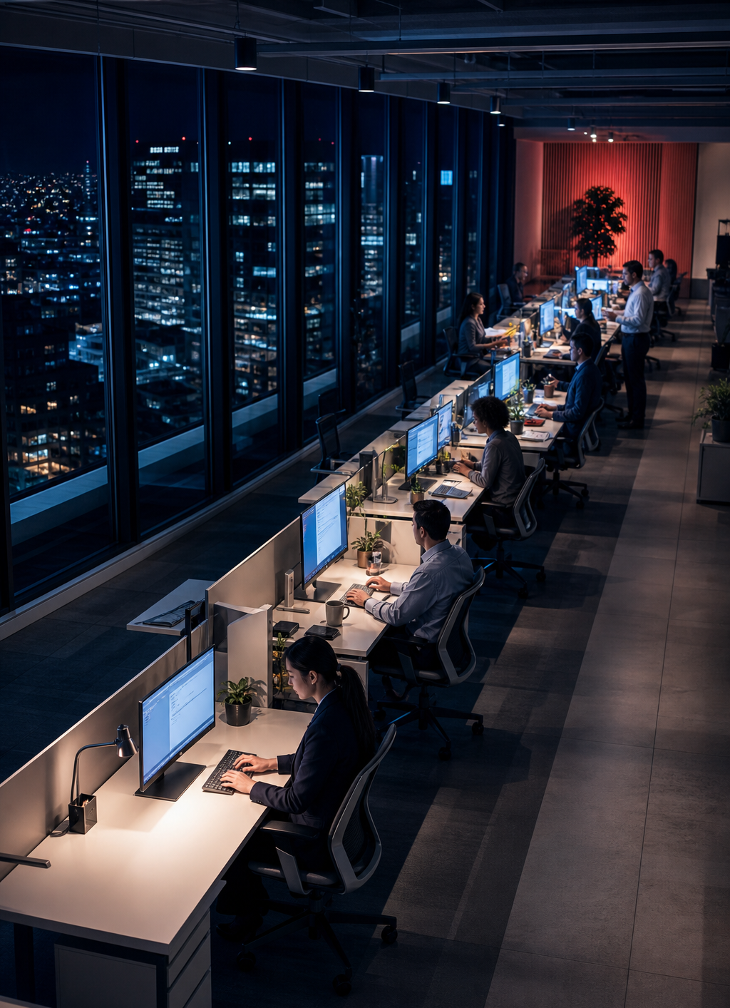 Modern Open Workspace Diagonal Desk Row At Night-2