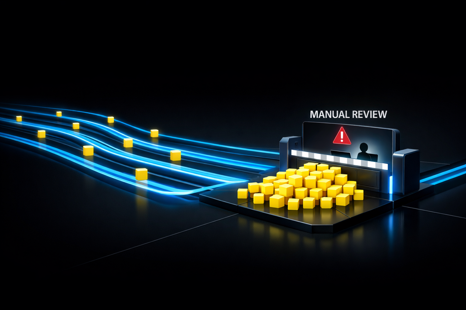 Visualization of a validation workflow where partner submission signals move along clean blue system pathways toward a single manual validation checkp