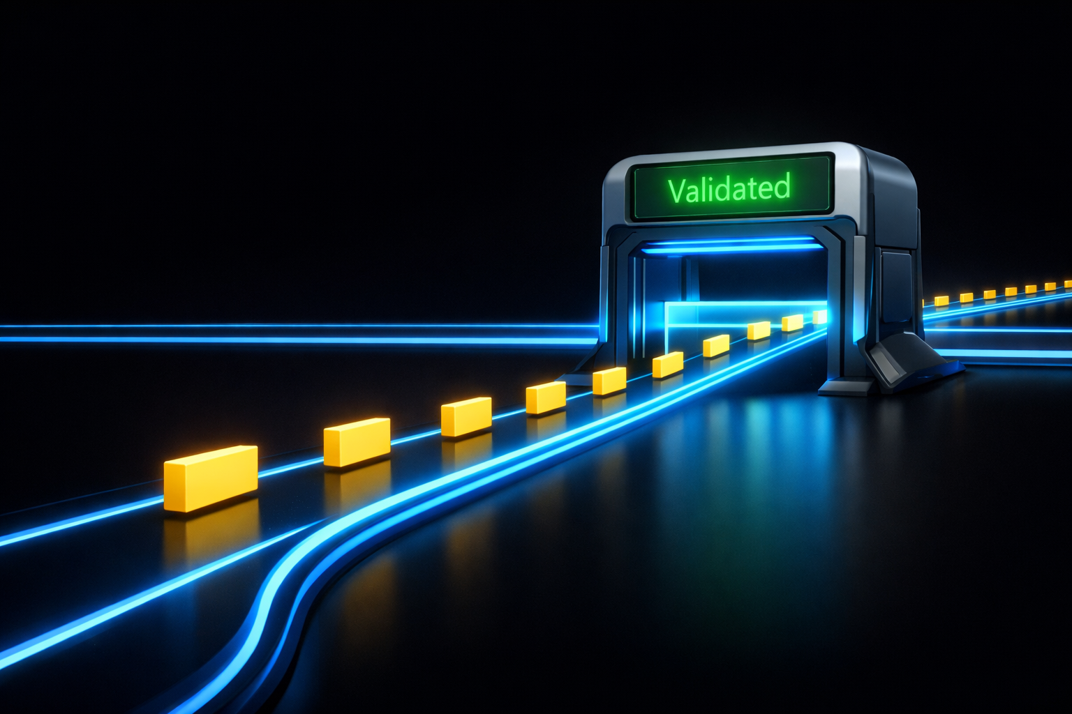 Visualization of the same validation workflow environment where partner submission signals move along clean blue system pathways toward a validation c-Mar-10-2026-10-13-38-9763-PM