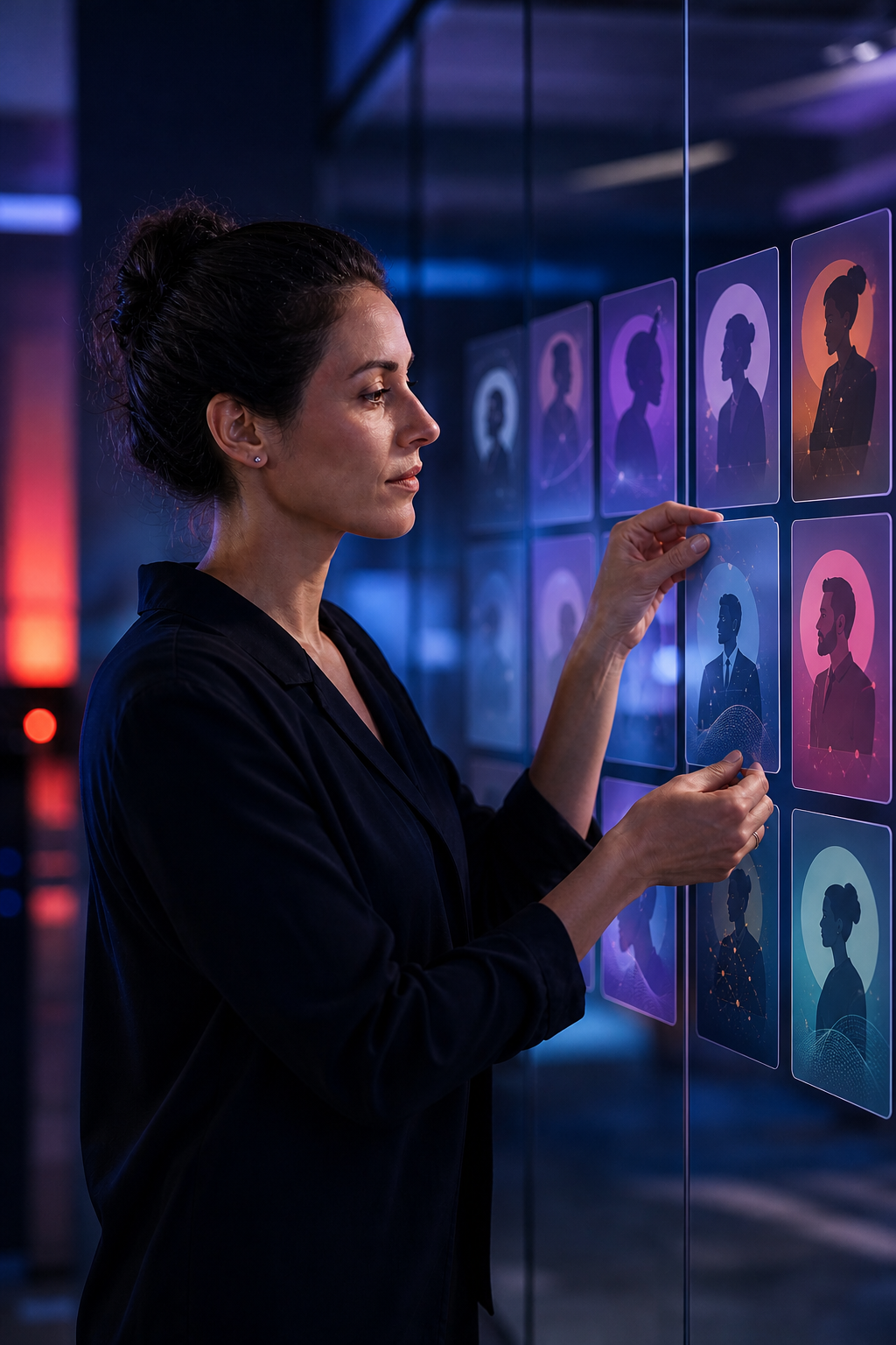Woman Arranging Glowing Scenario Cards At Night-1